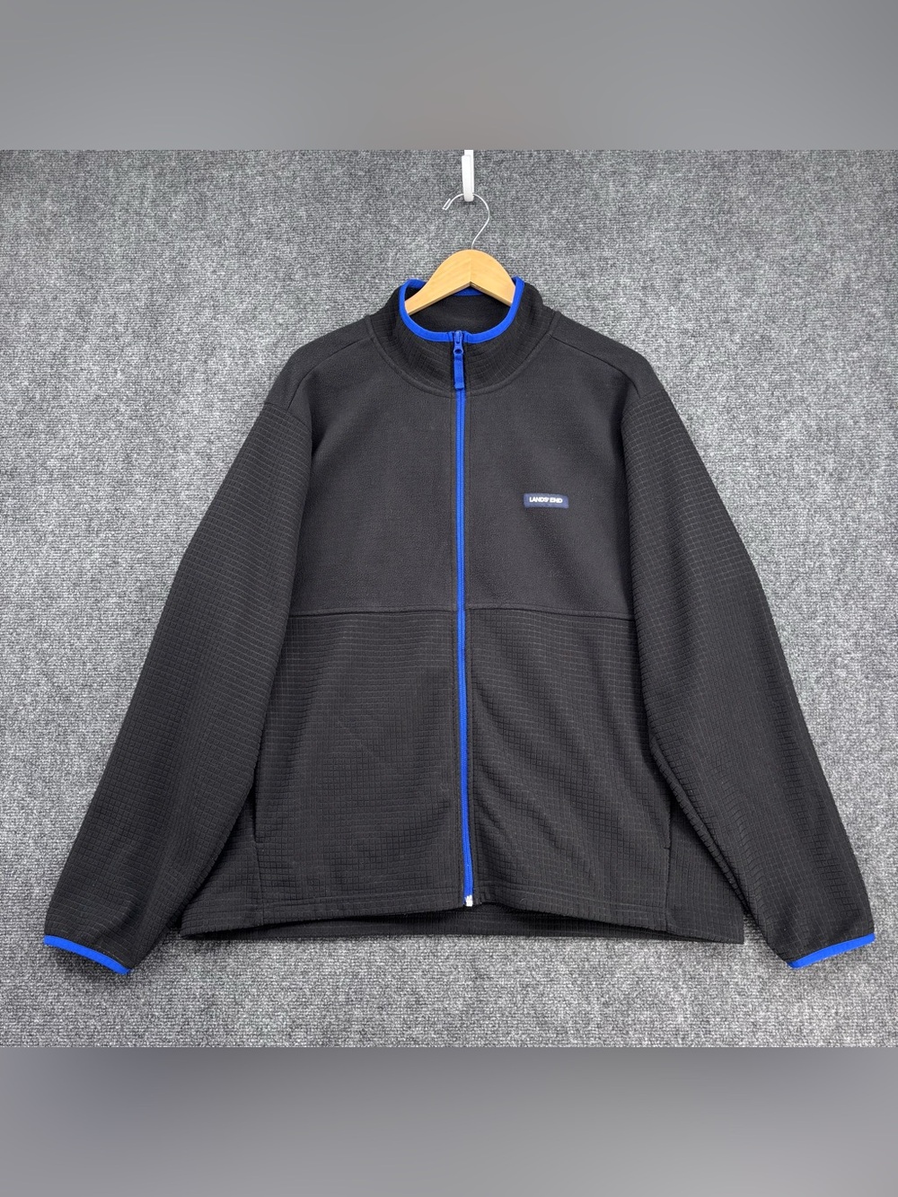 Lands End Black Grid Fleece Full Zip Jacket Outdoor Men’s XL